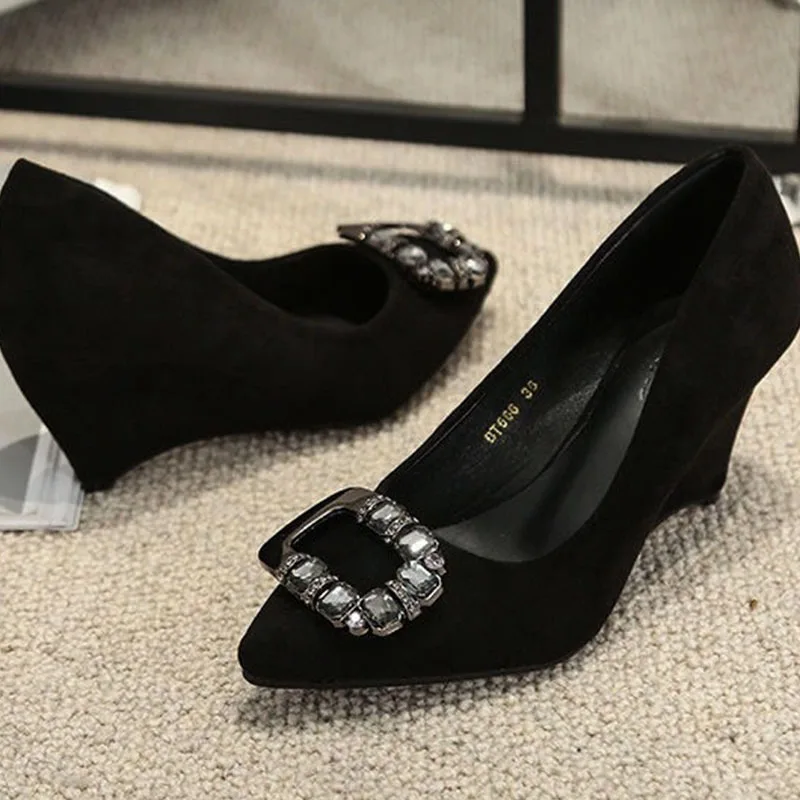 Slope Heel Fashion Shoes Women Spring New Water Diamond Pointed Shallow Mouth Soft Sexy High Heels Women Black Retro Footwear 43 detail