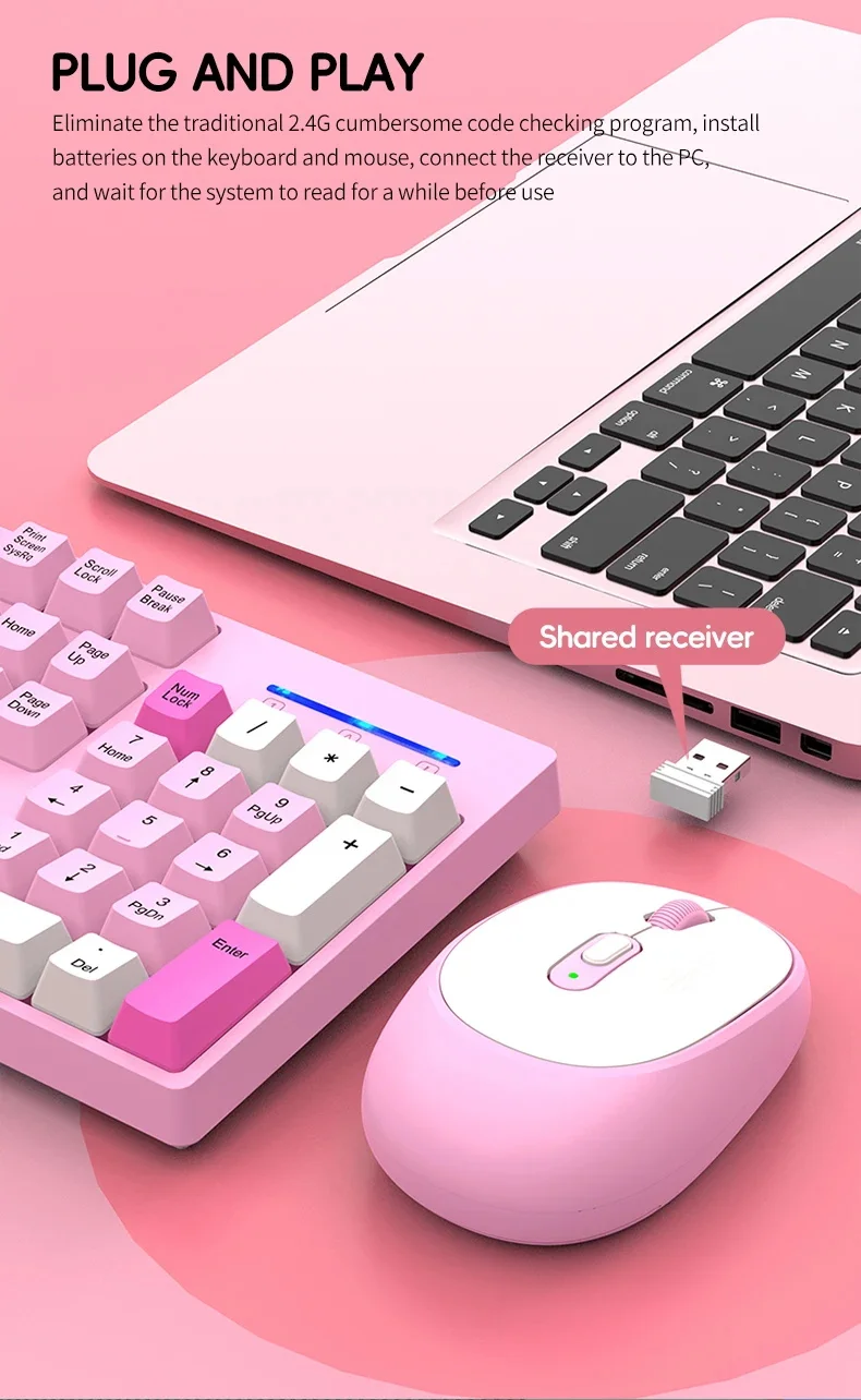 24G Wireless Office Keyboard Mouse Set104 Full Size TriColor Keycaps Ergonomic with 3 Adjustable DPI for PC Laptop detail