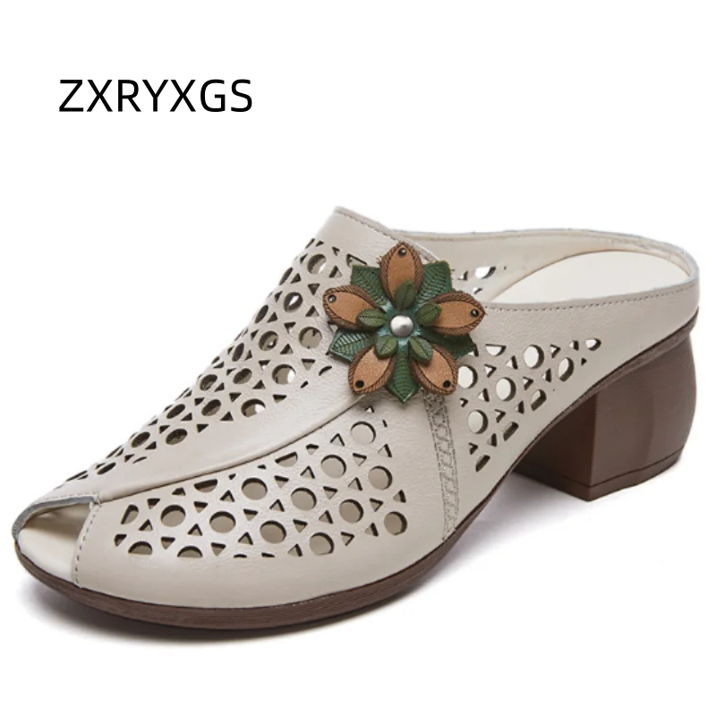 New Summer Thick Bottom Slope with High Heel Slippers Genuine Leather Sandals Flowers Hollow Women Shoes Fashion Sandals product view