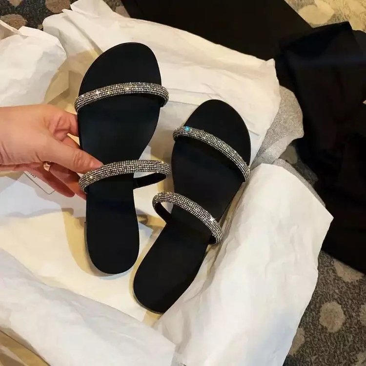 Woman's Sandals New Bling Rhinestones Flat Cross Sparkle Diamond Sandalias Planas Ladies Flats Slides Shoes Summer
