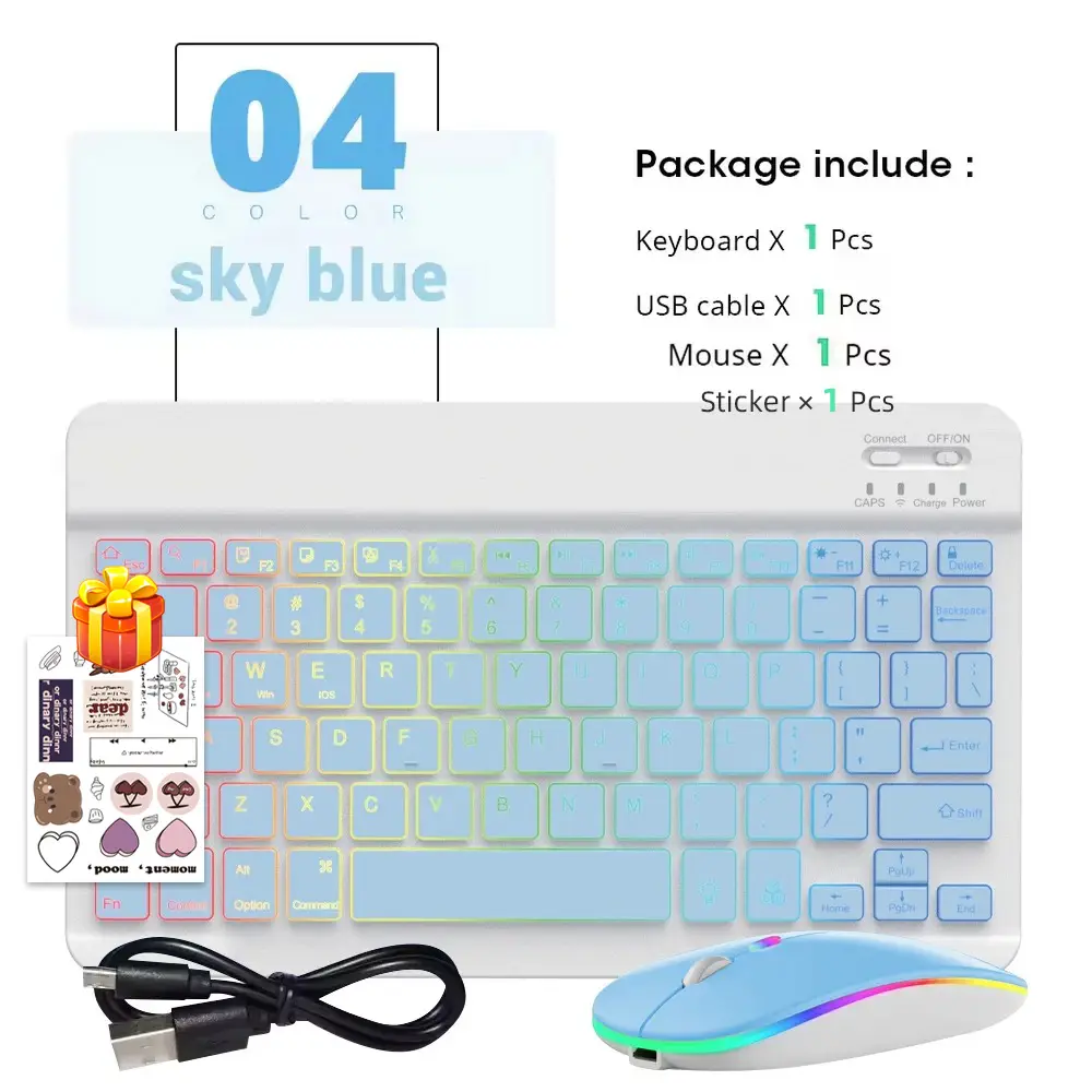 New Slim 7 Color Backlit Bluetooth Keyboard Mouse ComboRechargeable MultiLanguage for Tablet Phone product view