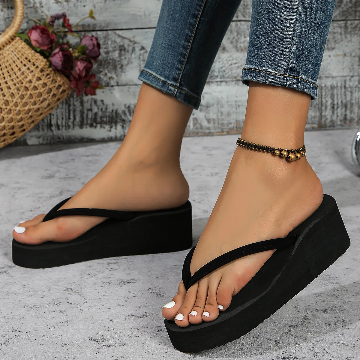 womens new highheeled thick soled flip flops womens height increasing beach flip flops sloping heels detail