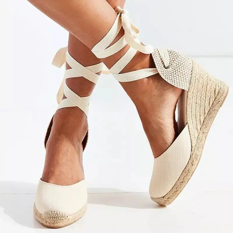 New Large Slope Heel Womens Sandals Thick Bottom Baotou Bag with Foot Ring Strap Cloth Surface Hemp Rope Sandals for Women product view