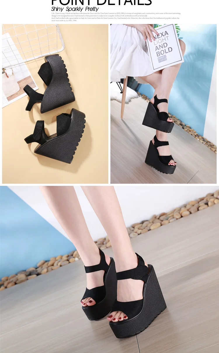 Summer Straps Roman Shoes Sexy Trendy FishBeak Womens Shoes Muffin Thick Inside Raise 15CM Slope Heel Sandals detail