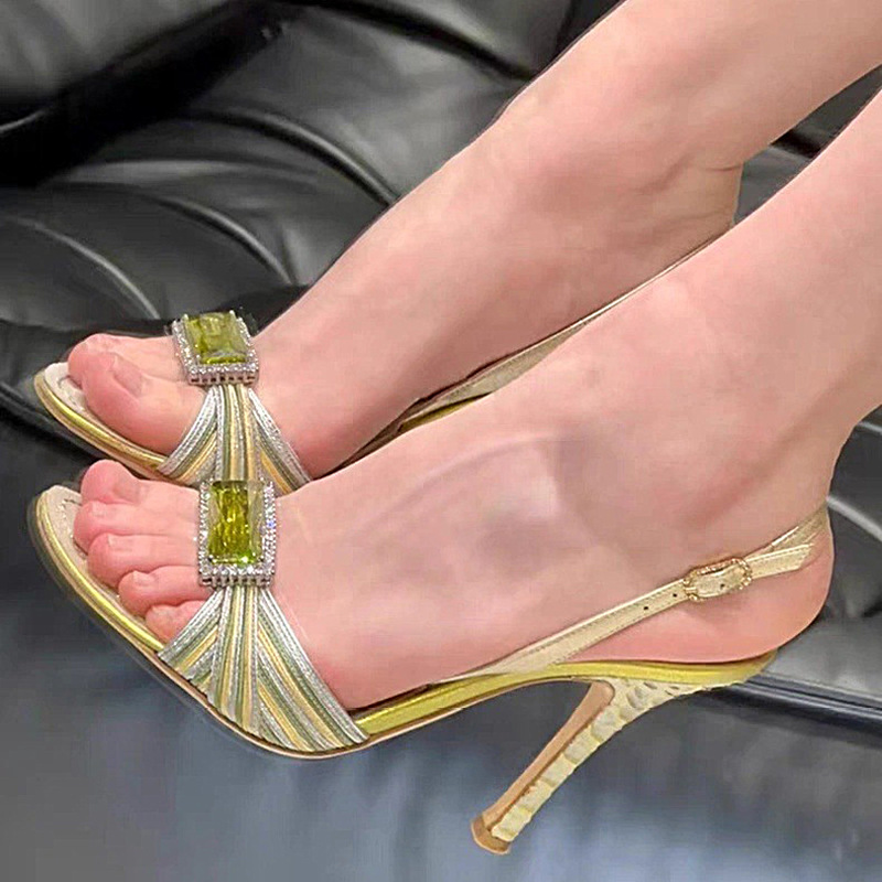 New Design Vintage Rhinestone Sandals for Women in the Summer Featuring a Fish Mouth and Color Blocked High Heels product view
