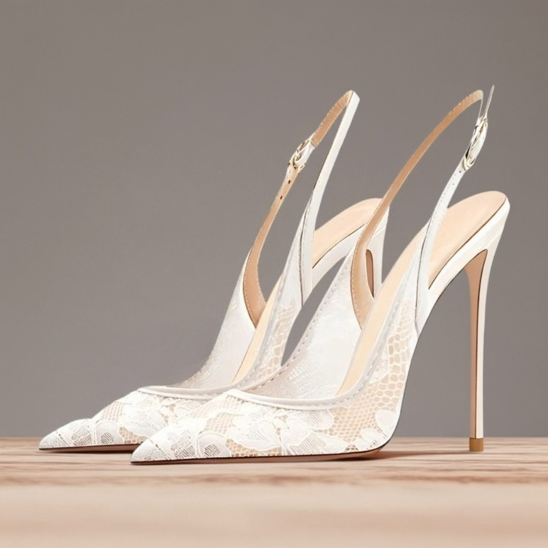 Summer Lace Breathable Back Strap Stiletto Sandals Large Size High Heels Women