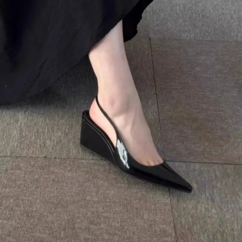 New Shallow Mouth Pointed Toe Single Shoes Women Wear Soft Leather Temperament Wedge Heel Baotou Sandals in Summer product view