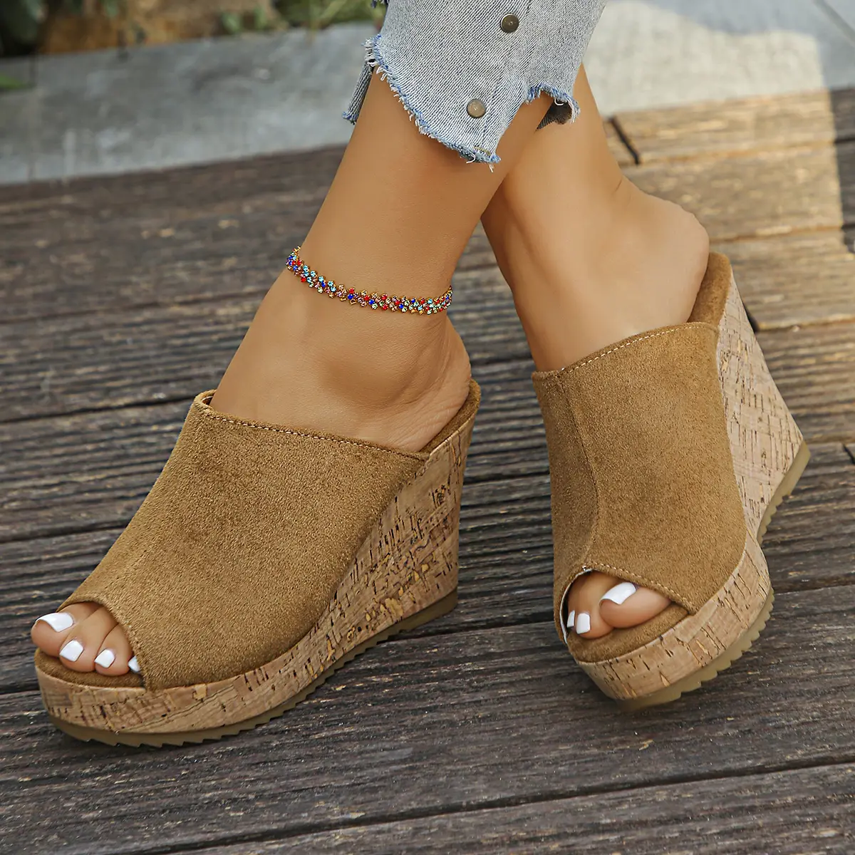 Fashion Fish Mouth Fashion Show Slope Heel Slippers Summer New Round Head Comfortable Elegant Sexy Casual Slippers Womens product view