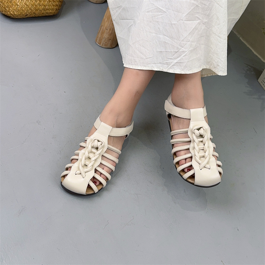 New Summer Outdoorwear Handmade Woventoe Womens Sandals Genuine Leather Soft Sole Vintage Roman Velcro square Head detail