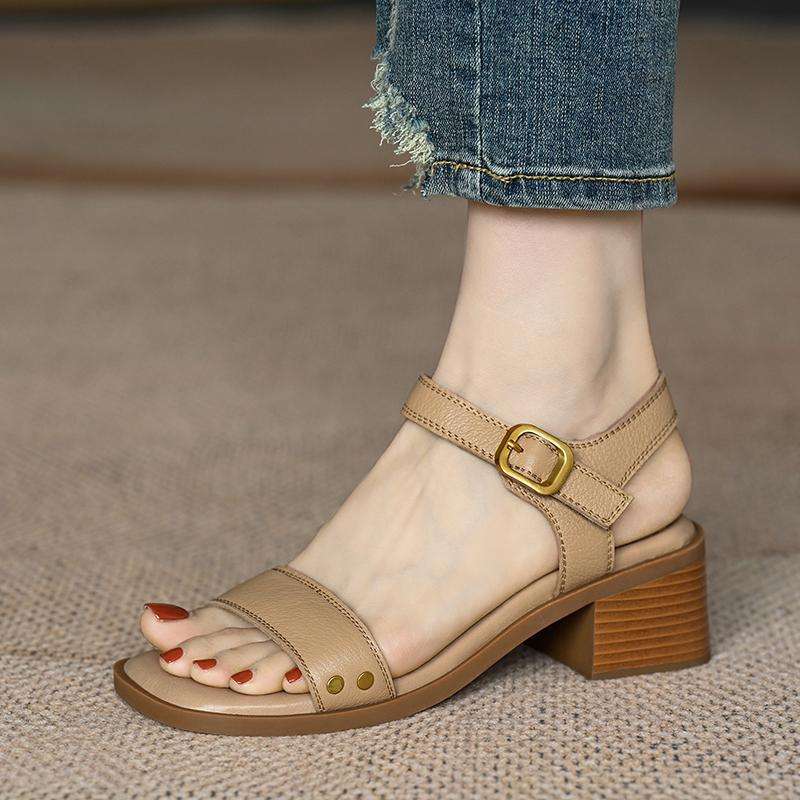 Vintage Chunky Heel Sandals Women Mid Heel Magic Strap Open Toe Backless Soft Leather Shoes