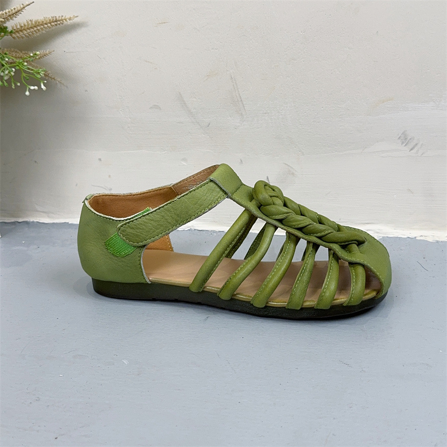 New Summer Outdoorwear Handmade Woventoe Womens Sandals Genuine Leather Soft Sole Vintage Roman Velcro square Head detail