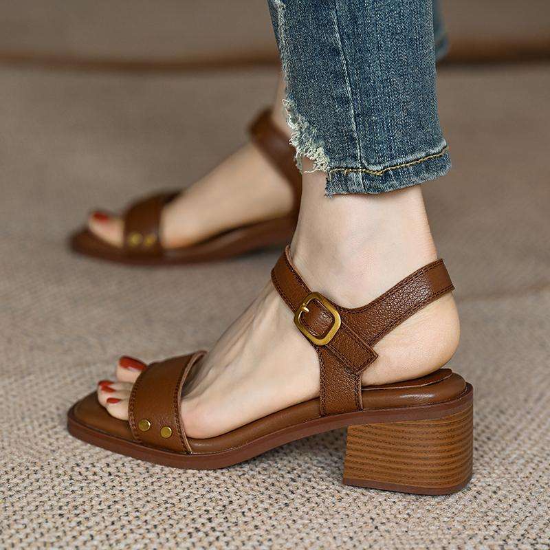 Vintage Chunky Heel Sandals Women Mid Heel Magic Strap Open Toe Backless Soft Leather Shoes detail