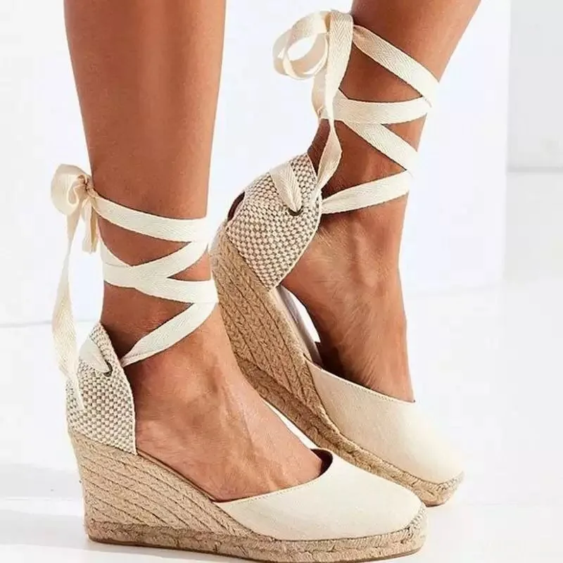 New Large Slope Heel Womens Sandals Thick Bottom Baotou Bag with Foot Ring Strap Cloth Surface Hemp Rope Sandals for Women detail