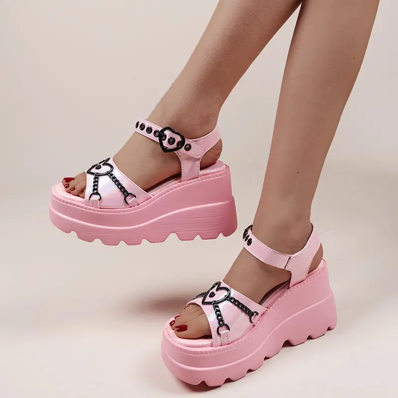 3542 Plus Size Fashion Slope Heel Women Metal Chain Decoration Sandals Female Platform Buckle Shoes Womens Sandals Tide Shoes product view