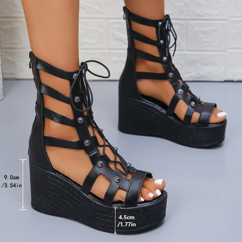 Slope Heel Sandals Summer New Round Head Thick Bottom Front Lacing Hollow Bag with Antislip Wearresistant High Heels product view