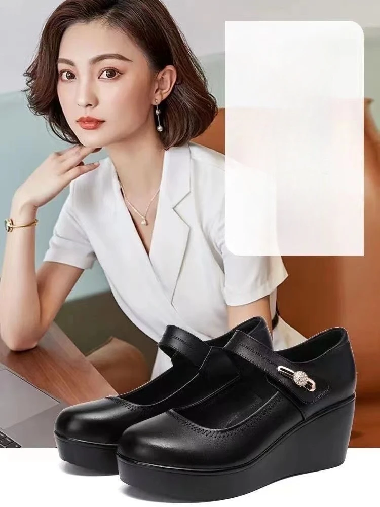New Round toe Womens Shoes Casual Thick soled Spring Comfort Shoes Versatile high heels Slope heel ladies pumps Mujer Zapatos detail