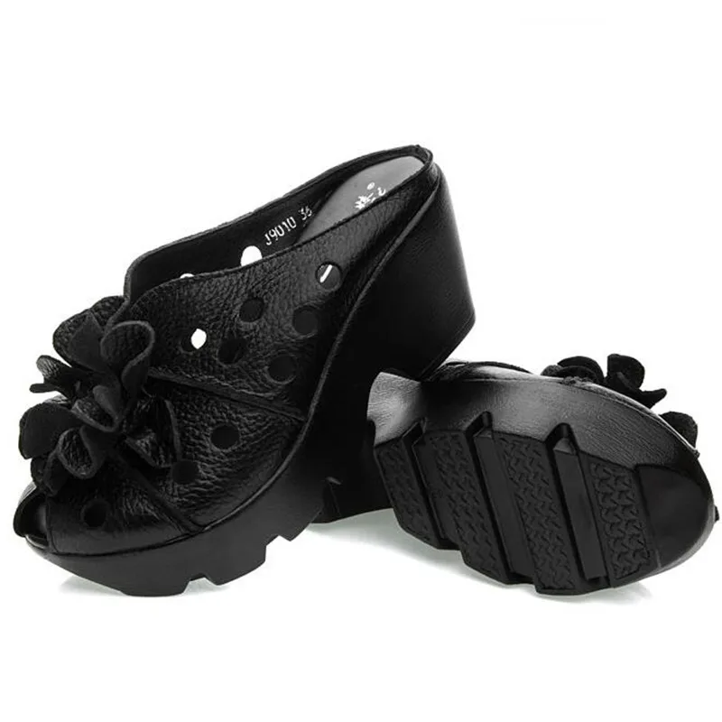 New Summer Thick Bottom Slope with High Heel Slippers Genuine Leather Sandals Flowers Hollow Women Shoes Fashion Sandals detail