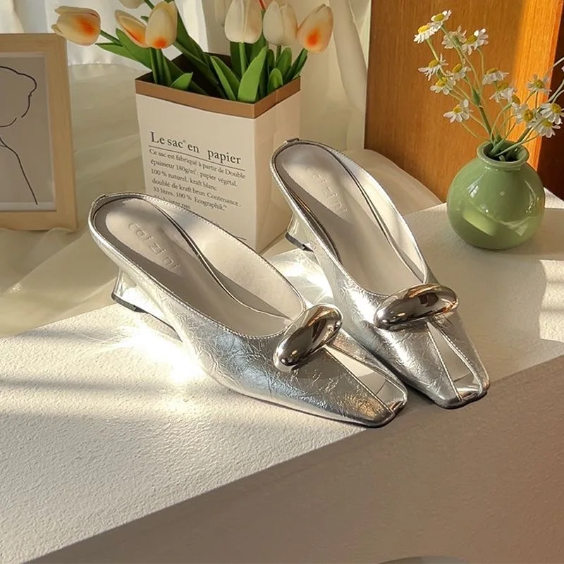 Silver Slope Heel Peep Top Sandals Fashion Open Toe Slippers Banquet Party Woman Shoes 3542 Urban Beauty Sandals detail