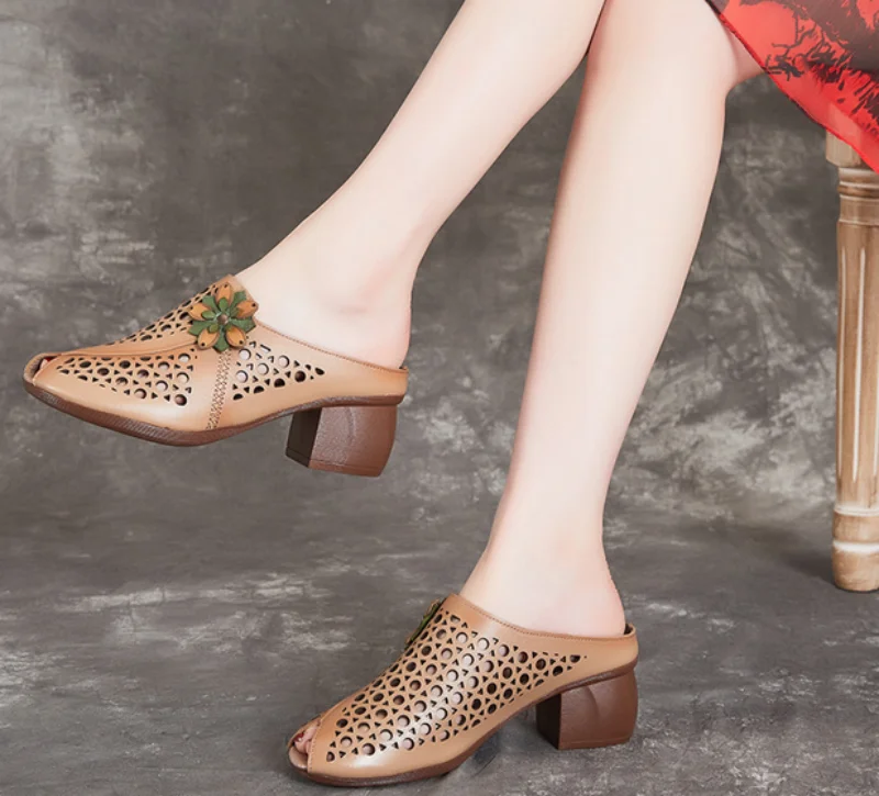 New Summer Thick Bottom Slope with High Heel Slippers Genuine Leather Sandals Flowers Hollow Women Shoes Fashion Sandals detail