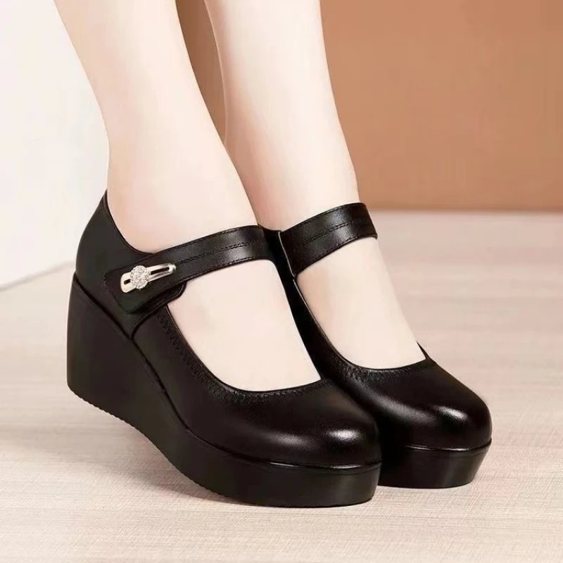 New Round toe Womens Shoes Casual Thick soled Spring Comfort Shoes Versatile high heels Slope heel ladies pumps Mujer Zapatos detail