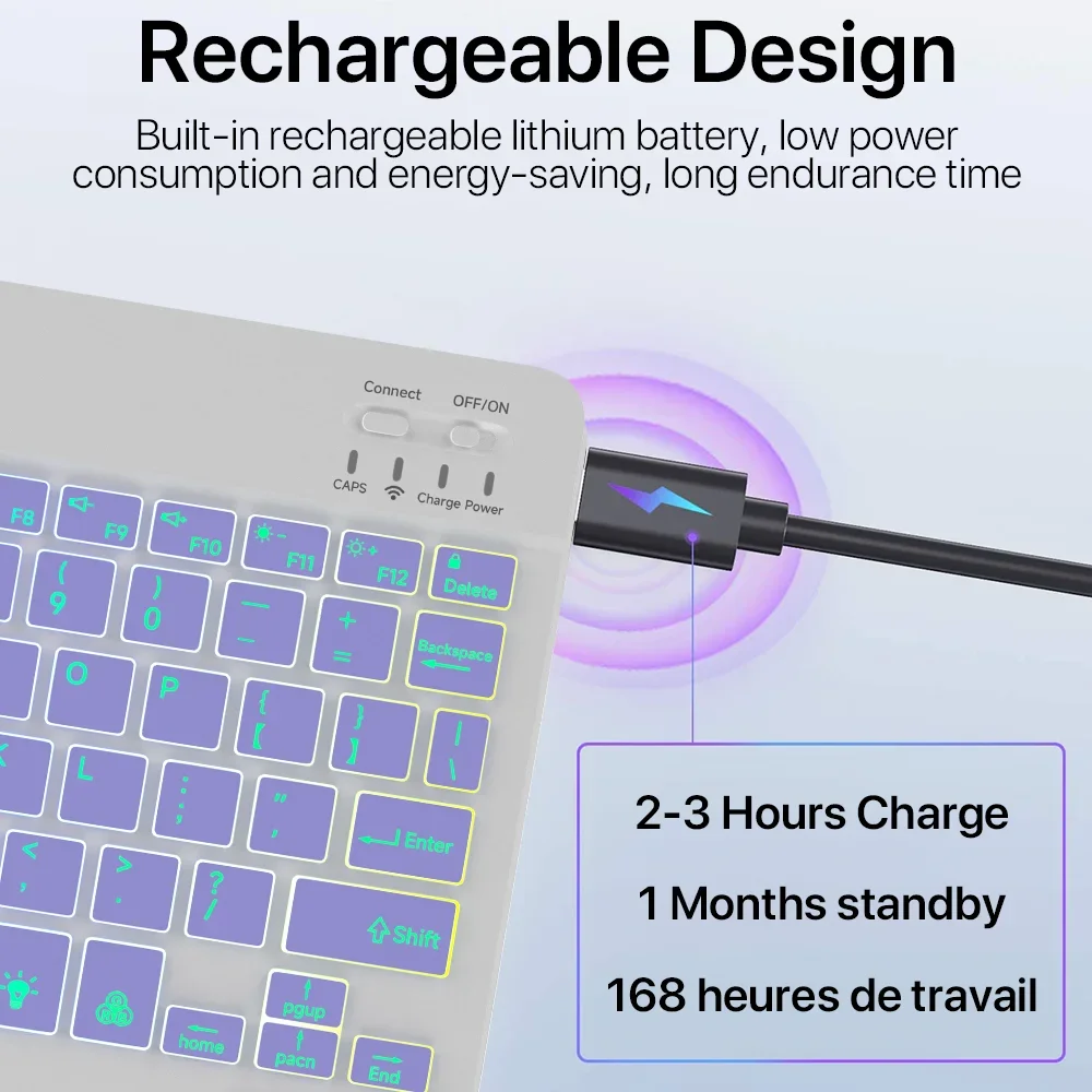 New Slim 7 Color Backlit Bluetooth Keyboard Mouse ComboRechargeable MultiLanguage for Tablet Phone detail