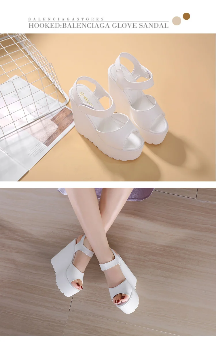 Summer Straps Roman Shoes Sexy Trendy FishBeak Womens Shoes Muffin Thick Inside Raise 15CM Slope Heel Sandals detail