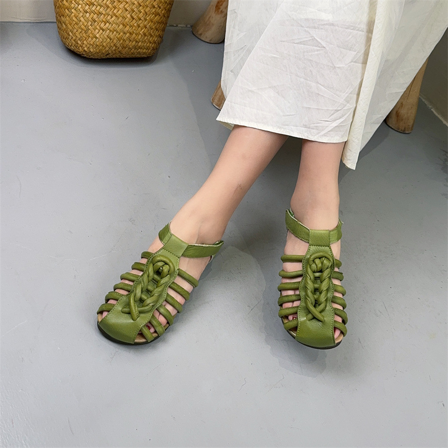 New Summer Outdoorwear Handmade Woventoe Womens Sandals Genuine Leather Soft Sole Vintage Roman Velcro square Head detail