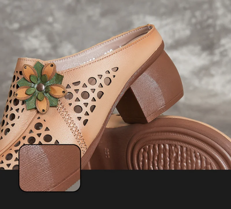 New Summer Thick Bottom Slope with High Heel Slippers Genuine Leather Sandals Flowers Hollow Women Shoes Fashion Sandals detail