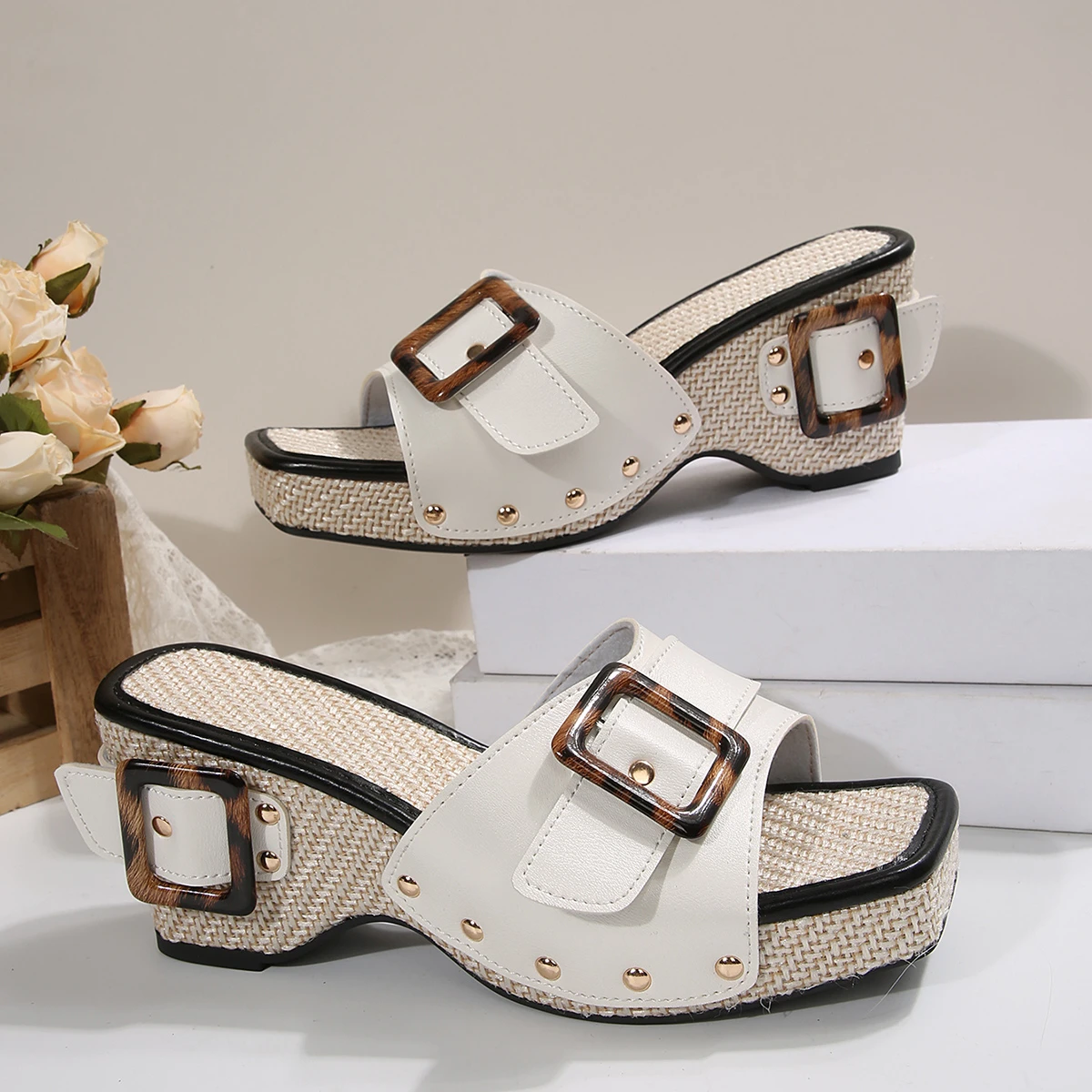 Women Sandals On Offer Slope High Heel Fashion Solid Color Metal Buckle Slope Heel Casual Sandals For Women Dressy Summer detail