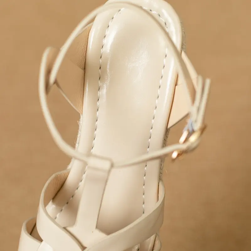 Womens New SpringSummer Square Headed Open Toe Real Leather Weaving Slope Heel High Heel Cross Roman Sandals product view