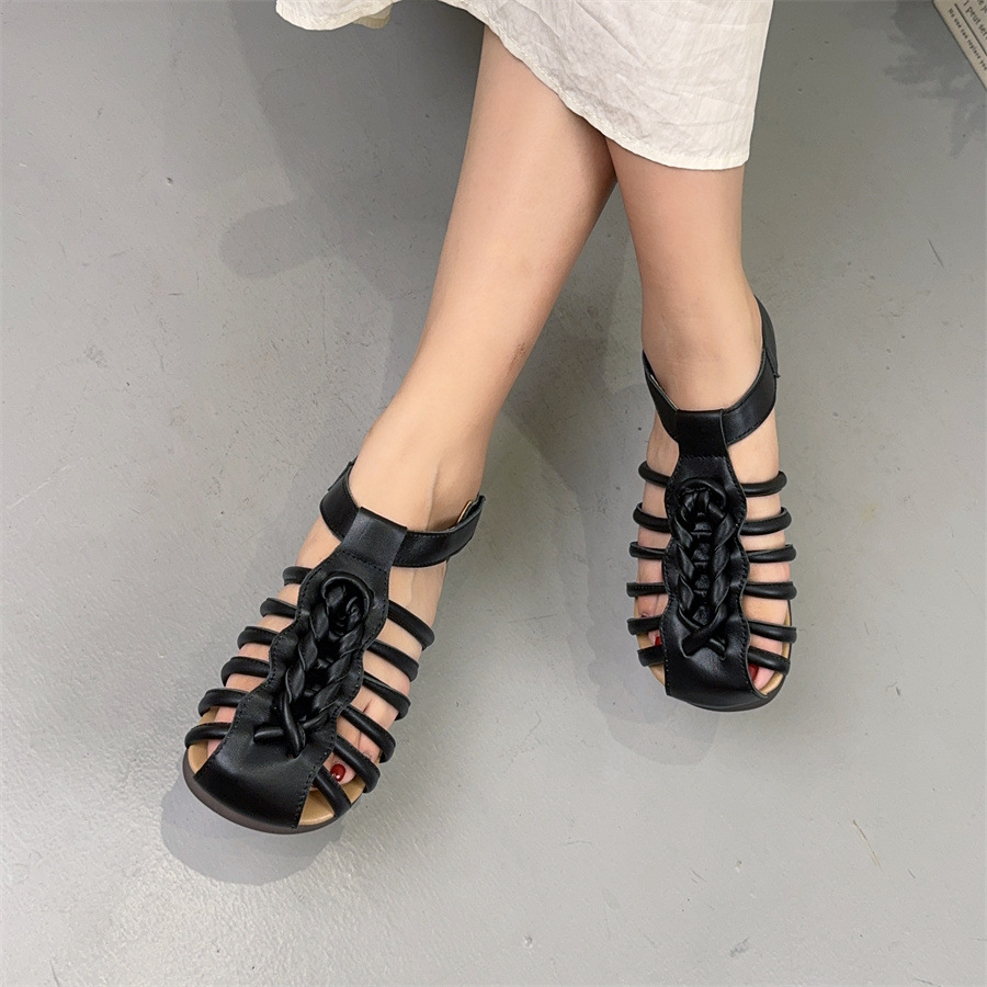 New Summer Outdoorwear Handmade Woventoe Womens Sandals Genuine Leather Soft Sole Vintage Roman Velcro square Head detail