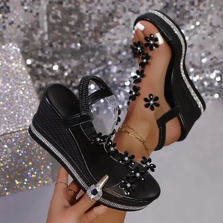 Womens Thick Heel Sandals Summer New Large Size Fashion Slope Heel Flower Rhinestone Fairy Beach Sandals Round Toe detail