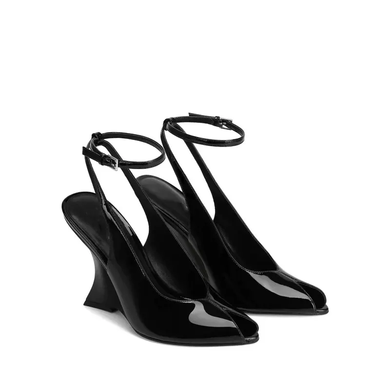 Ladies Summer Slope Heel Fish Mouth Sandals Thick High Heels Black Comfortable Large Toothed Sandals detail