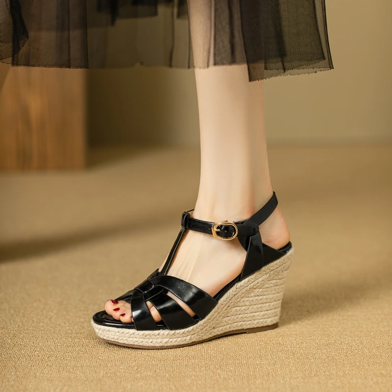 Womens New SpringSummer Square Headed Open Toe Real Leather Weaving Slope Heel High Heel Cross Roman Sandals detail