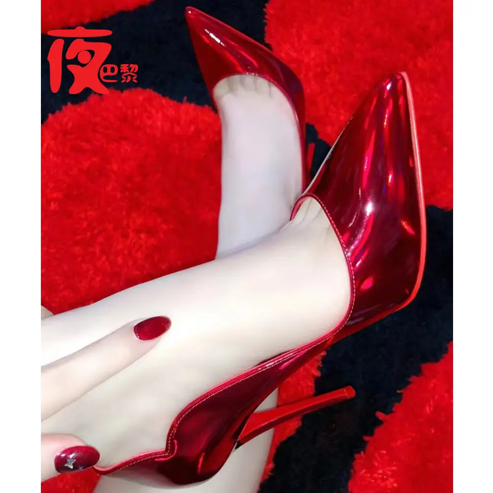 Laser Electric Red High Heels Shallow Mouth Wave Edge Pointed Shoes Sexy 12cm Sexy Fashion Lady Single Shoes3346 product view