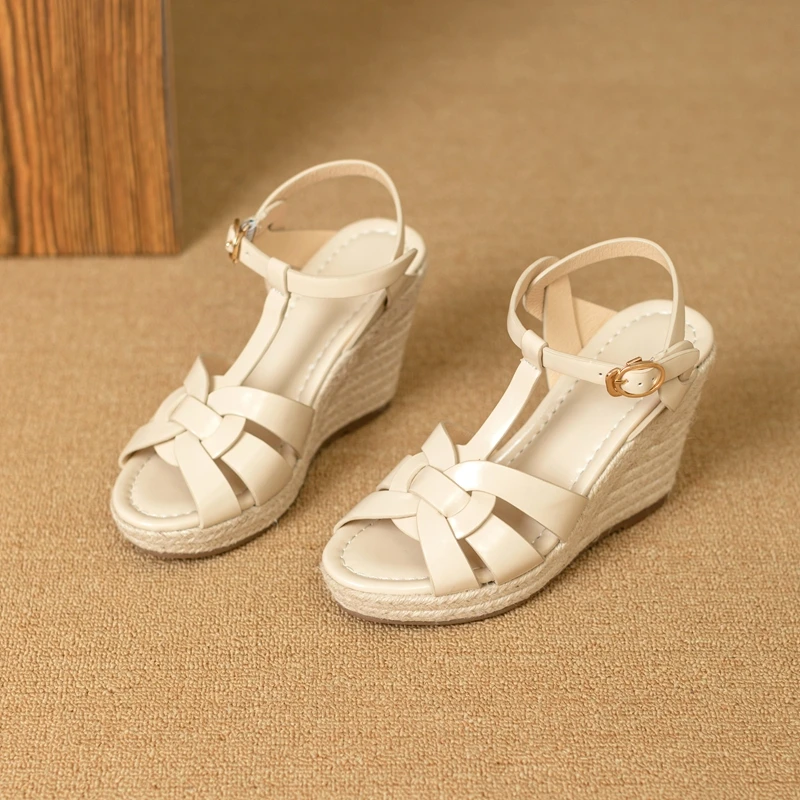 Womens New SpringSummer Square Headed Open Toe Real Leather Weaving Slope Heel High Heel Cross Roman Sandals detail
