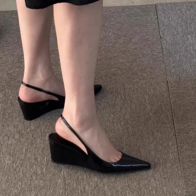 New Shallow Mouth Pointed Toe Single Shoes Women Wear Soft Leather Temperament Wedge Heel Baotou Sandals in Summer product view