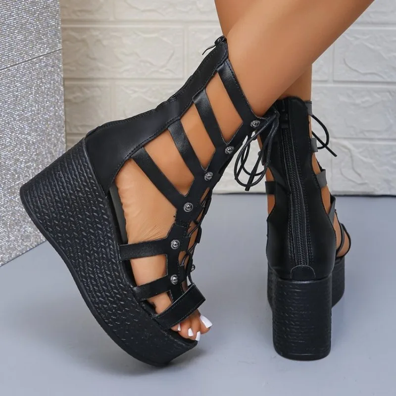 Slope Heel Sandals Summer New Round Head Thick Bottom Front Lacing Hollow Bag with Antislip Wearresistant High Heels detail