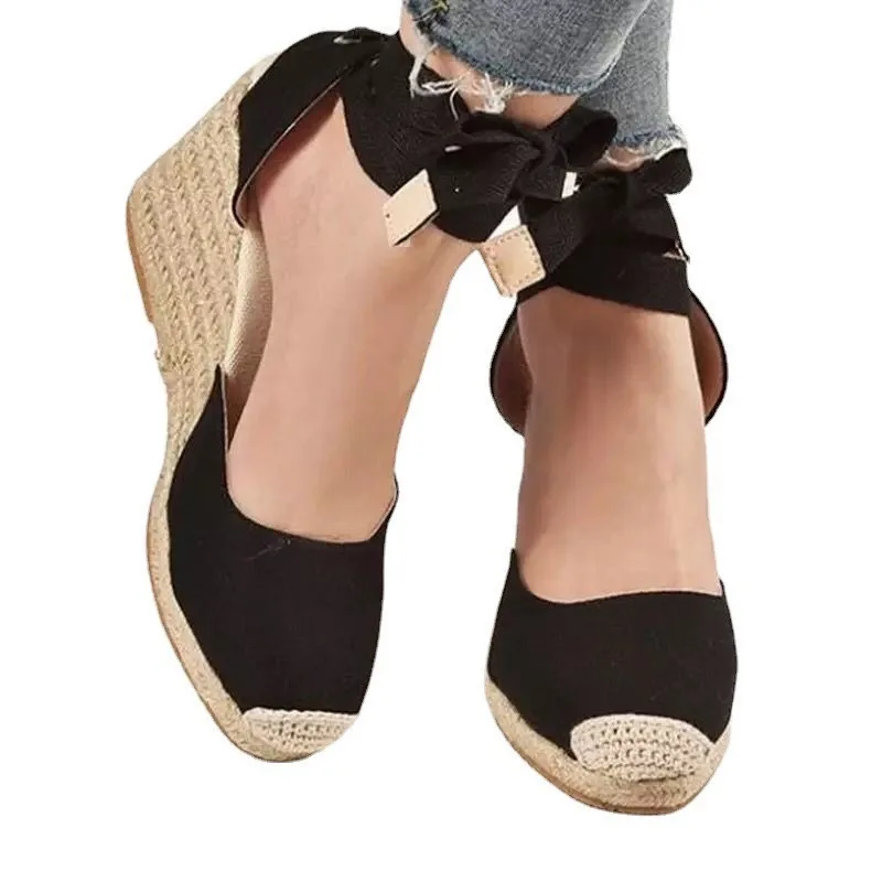 New Large Slope Heel Womens Sandals Thick Bottom Baotou Bag with Foot Ring Strap Cloth Surface Hemp Rope Sandals for Women detail
