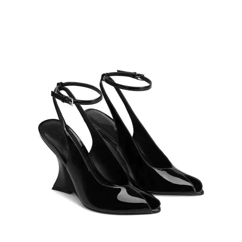 Ladies' Summer Slope Heel Fish Mouth Sandals Thick High Heels Black Comfortable Large Toothed Sandals