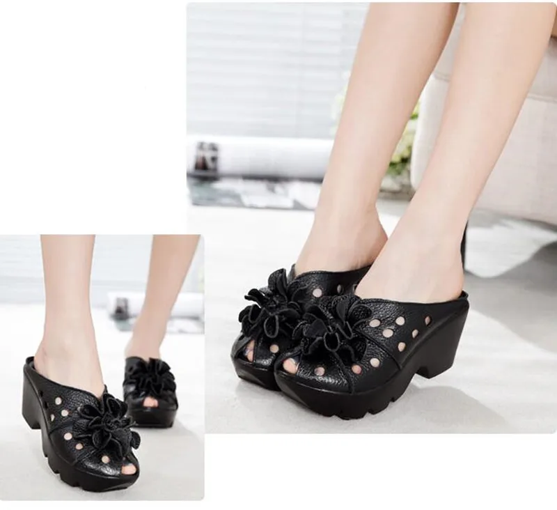 New Summer Thick Bottom Slope with High Heel Slippers Genuine Leather Sandals Flowers Hollow Women Shoes Fashion Sandals detail