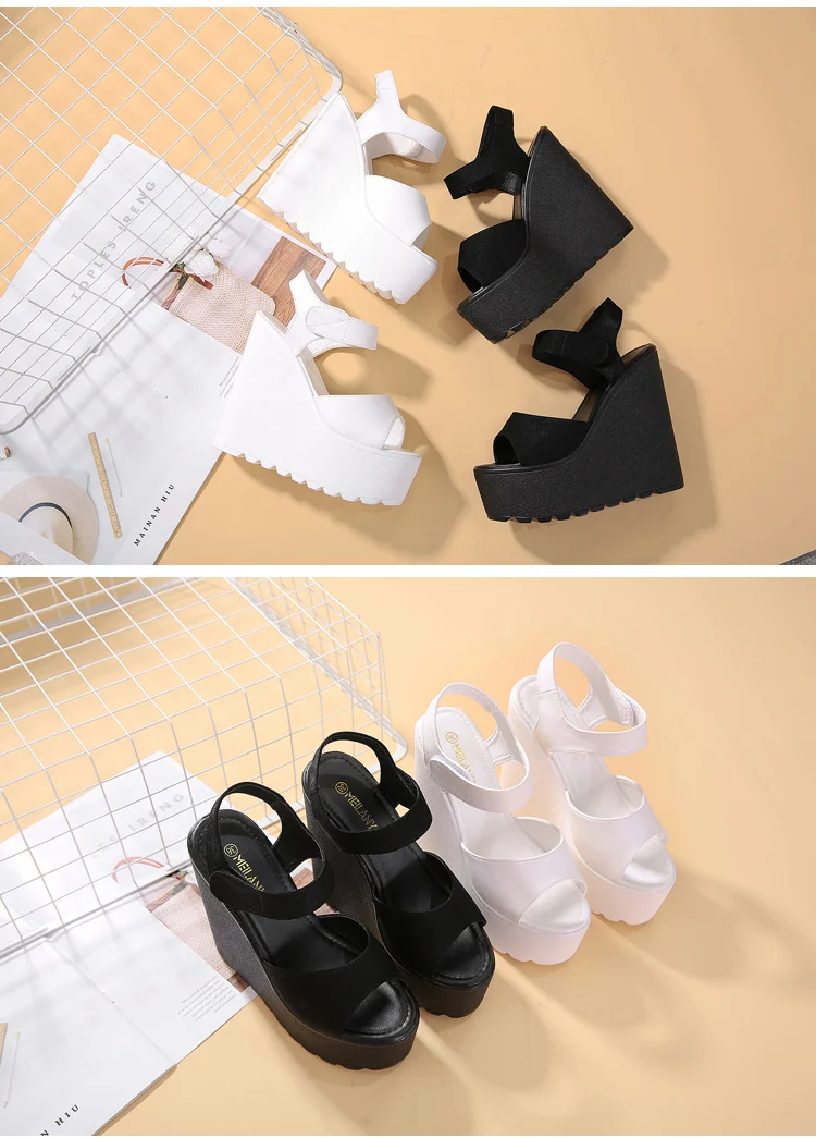 Summer Straps Roman Shoes Sexy Trendy FishBeak Womens Shoes Muffin Thick Inside Raise 15CM Slope Heel Sandals detail