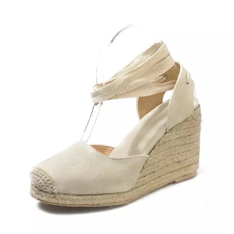New Large Slope Heel Womens Sandals Thick Bottom Baotou Bag with Foot Ring Strap Cloth Surface Hemp Rope Sandals for Women detail