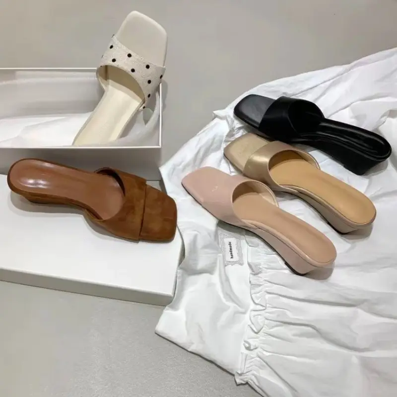 *Summer Hot Selling Comfortable Square Toe Open Toe Slope Heel Slippers Fashionable New Style Elegant Temperament Beach Slippers