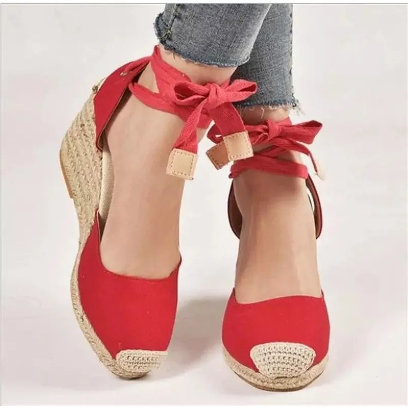 New Large Slope Heel Womens Sandals Thick Bottom Baotou Bag with Foot Ring Strap Cloth Surface Hemp Rope Sandals for Women detail