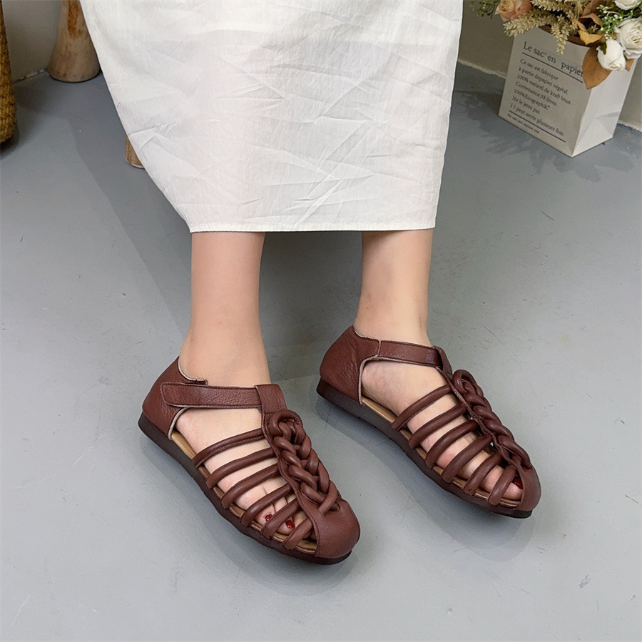 New Summer Outdoorwear Handmade Woventoe Womens Sandals Genuine Leather Soft Sole Vintage Roman Velcro square Head detail