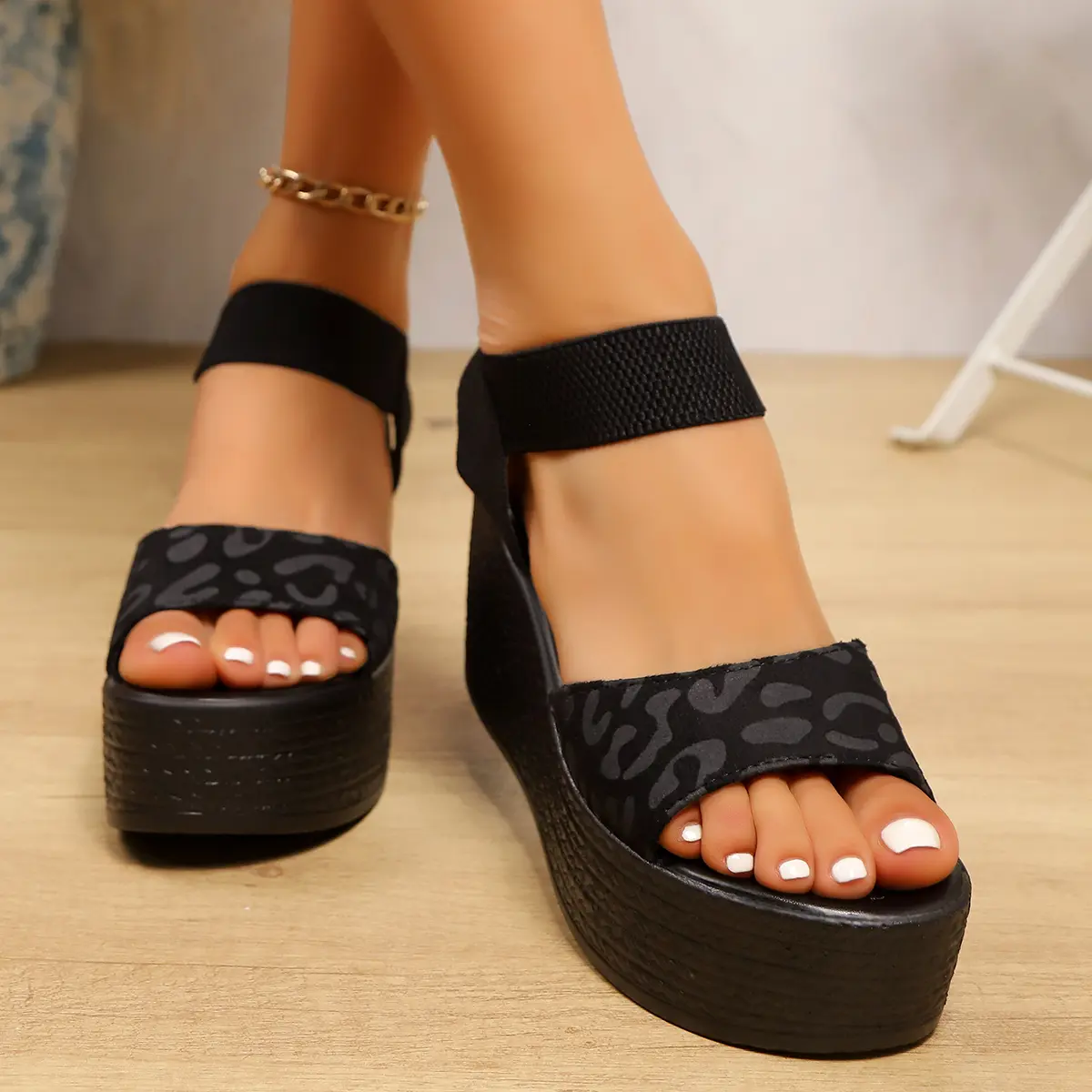 Womens Wedge High Heel Peep Toe Sandals Leopard Platform Sandals Ladies Thick Sole Summer Shoes Espadrilles Zapatillas Mujer product view