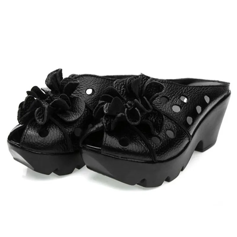 New Summer Thick Bottom Slope with High Heel Slippers Genuine Leather Sandals Flowers Hollow Women Shoes Fashion Sandals detail