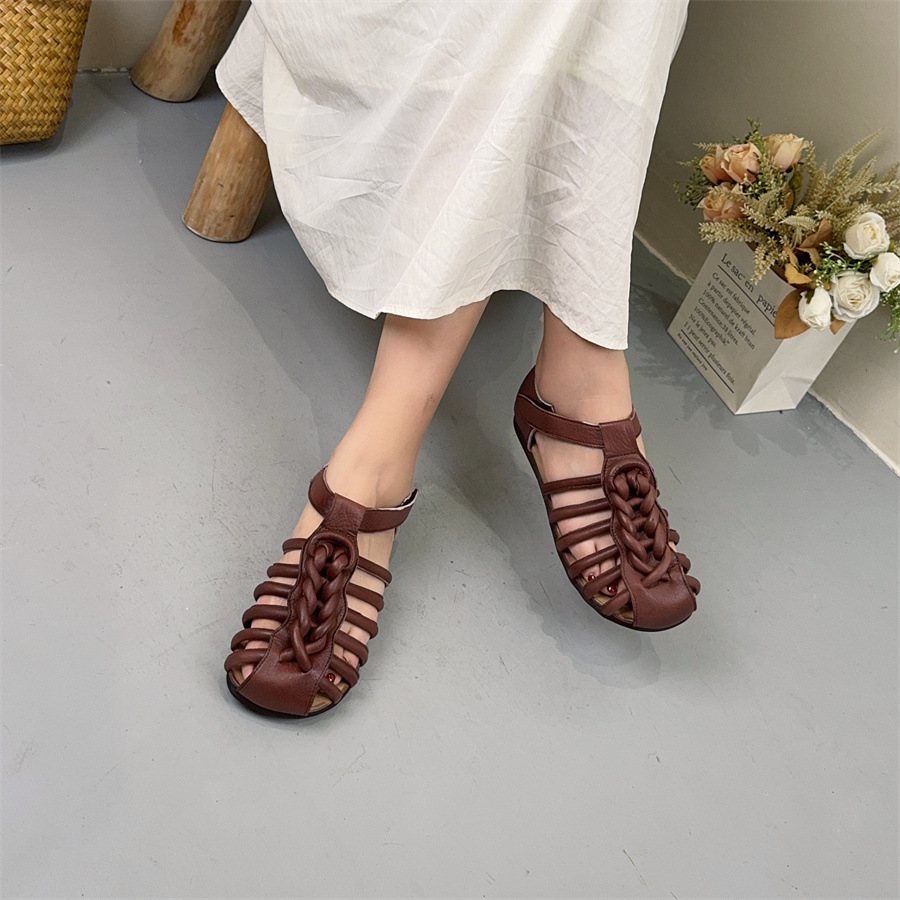 New Summer Outdoorwear Handmade Woventoe Womens Sandals Genuine Leather Soft Sole Vintage Roman Velcro square Head product view