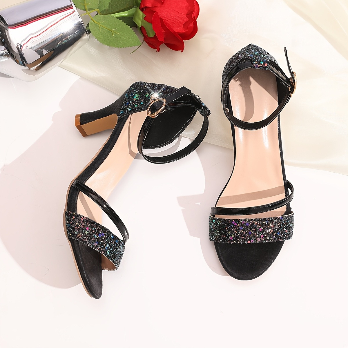 Elegant Women Sequins Glitter Sandals Open Toe Mid Heel Ankle Strap For Wedding Club Party Daily Wear detail